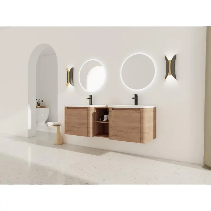 60" Wall-Mounted Bath Vanity with White Sink, Storage Shelves & Soft-Close Door, Plywood, KD Packing
