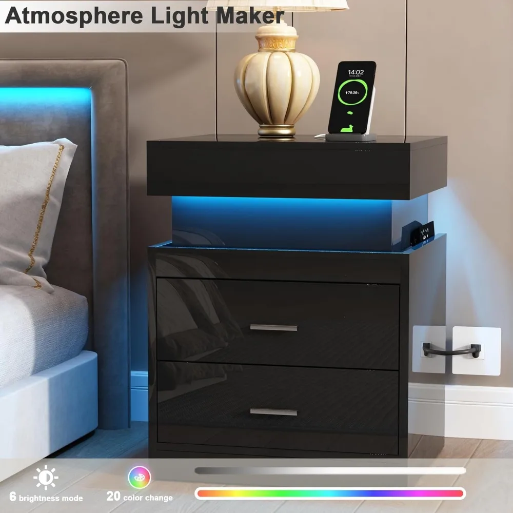 LED Nightstand with Charging Dock, Sliding Top Storage and 2 Drawers, Modern High Gloss Side Table