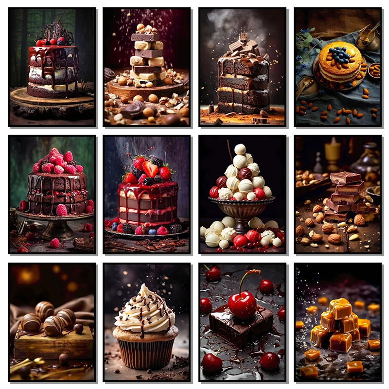 1PC frameless decorative art print,Berries Chocolate Sweet Dessert Cake Kitchen Food Poster Canvas Painting And Print Wall Art P