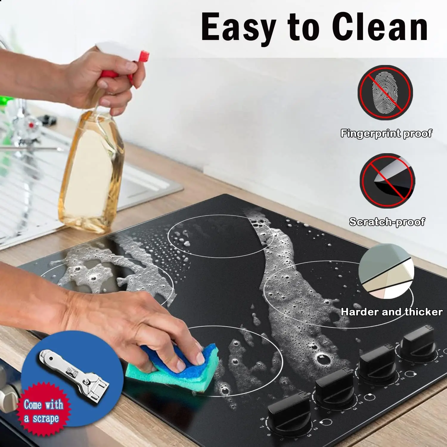 Karinear Placa vitroceramica 4 Fuegos 60cm, Mando por botón, Apagado automático, Indicador de calor residual, Sin enchufe, Vitrocerámica negra (6000 W)