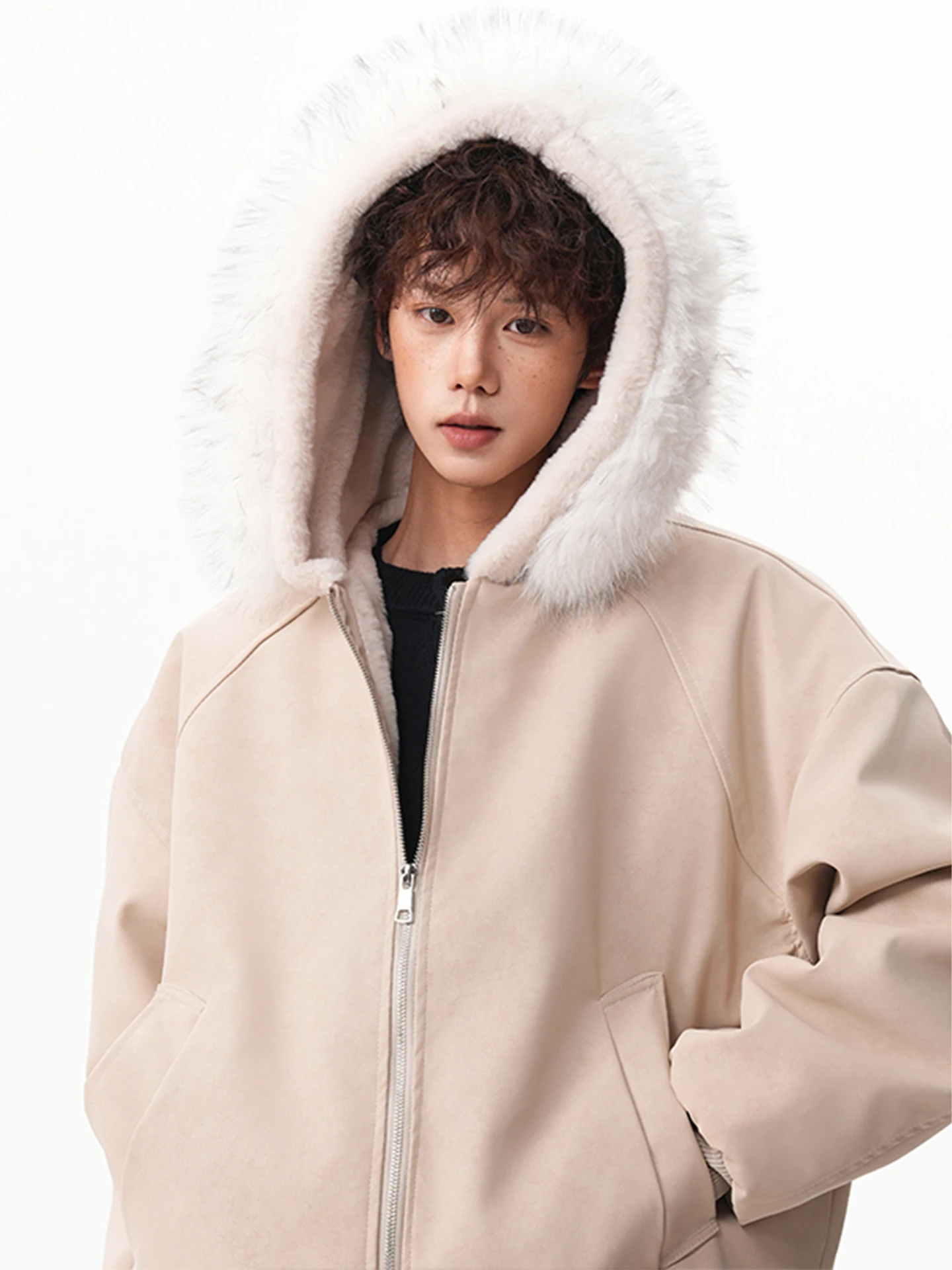 Jaket Kulit PU Pria Model Hoodie Berlapis Bulu, Gaya Kasual Trendy, Hangat untuk Musim Dingin, Model Longgar Amerika