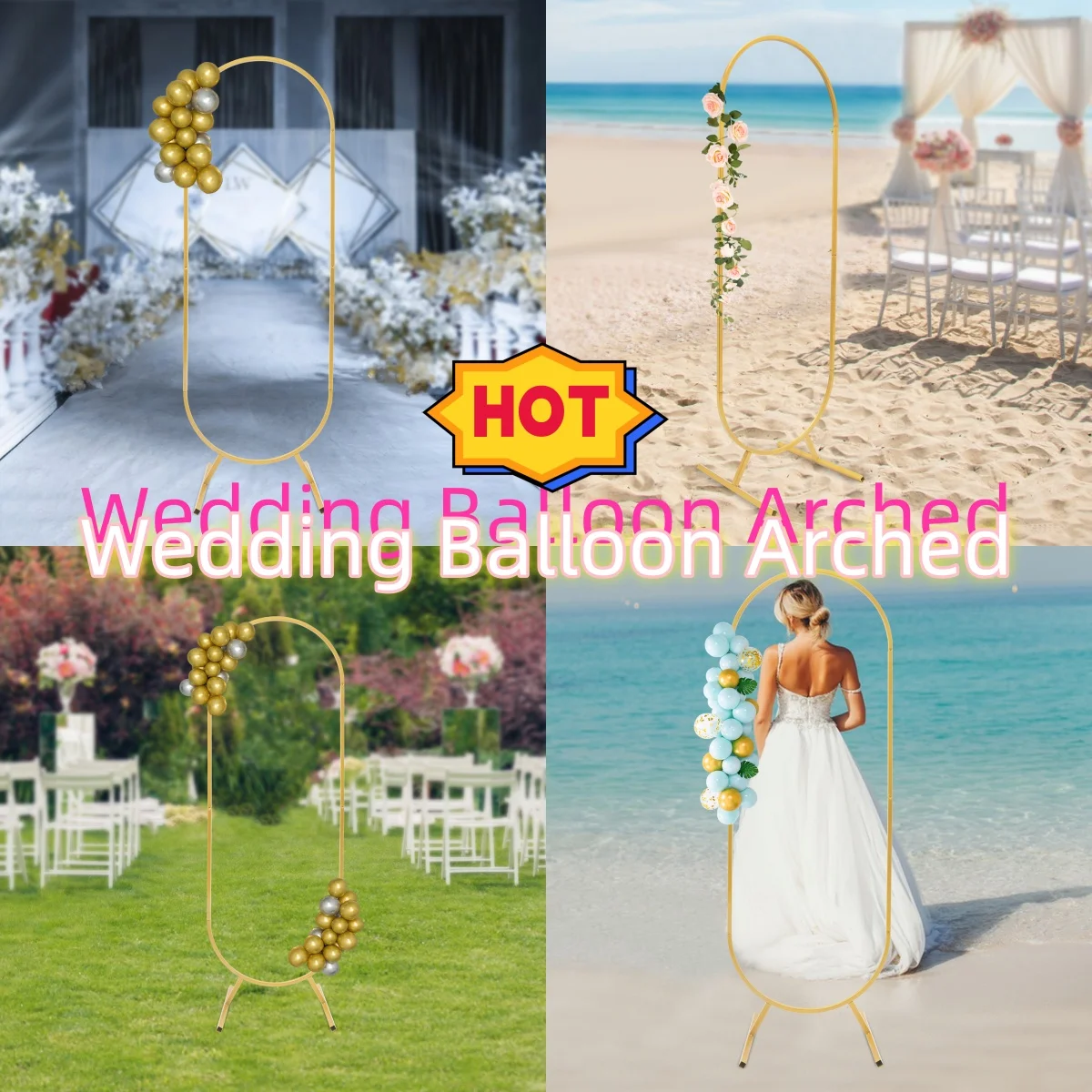 Gold Arch Backdrop Stand Wedding Balloon Oval Arch Frame for Birthday Party Bridal Ceremony Decoration 58*50*170cm