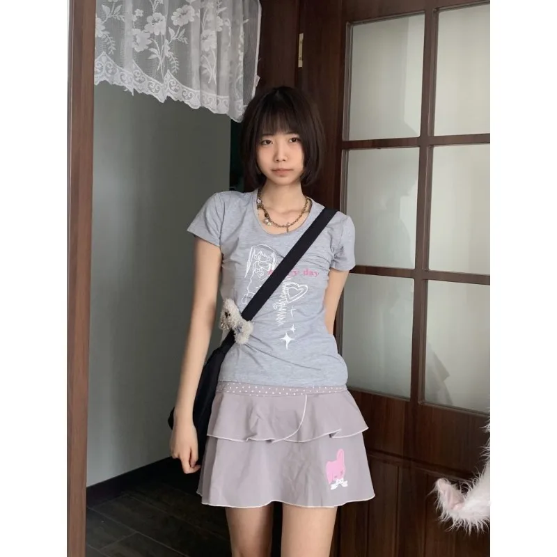 Kimotimo Japanese Y2k Aesthetic Cartoon Print Short Sleeve T-shirt Women Summer O-neck Slim Fit Tops Vintage Sweet Harajuku Tees