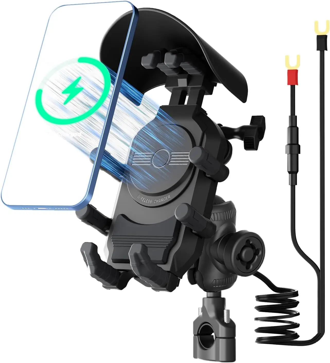 

Motorcycle Phone Mount with 15W Wireless Charger, PD USB-C Quick Charge, Anti-Vibration & Theft Protection, Sun Shade