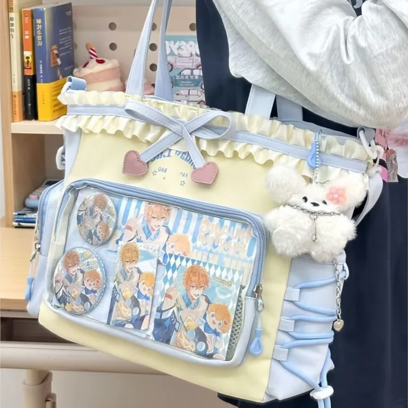 Sweet Cute Bow Handbag Women Color Block Ruffle Edge Large Capacity Shoulder Bag Ladies Japanese Kawaii Anime Badge Ita Bag Chic