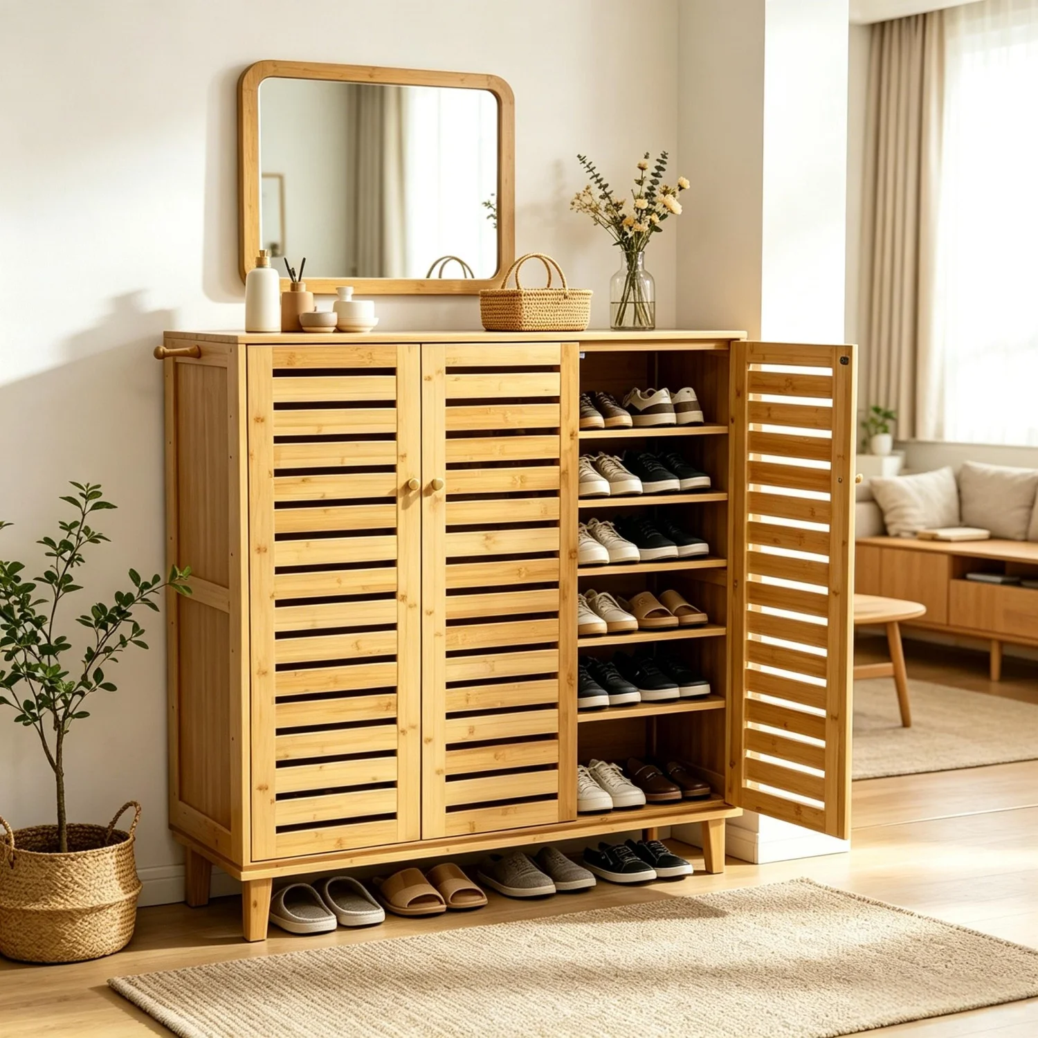 2 Or 3 Doors Bamboo Shoe Storage Cabinet 5 Tiered Shelves Organizer Rack for Entryways Hallways with Ventilated Slatted
