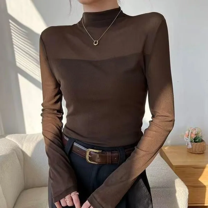 Mock Neck Net Yarn Bottoming Shirt Women Autumn Winter Temperament Slim Long Sleeve T-Shirt Elegant All-match Long Sleeve Tops