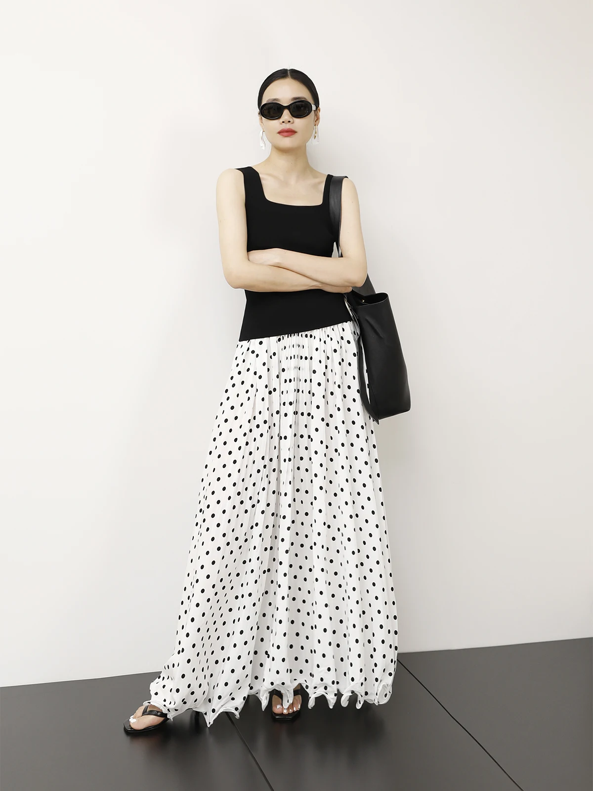 

Romantic Retro Polka Dot Umbrella Skirt Pleated 3D Wave Design High Waist French Sle Ciwalk PVC Fabric Batwing pe