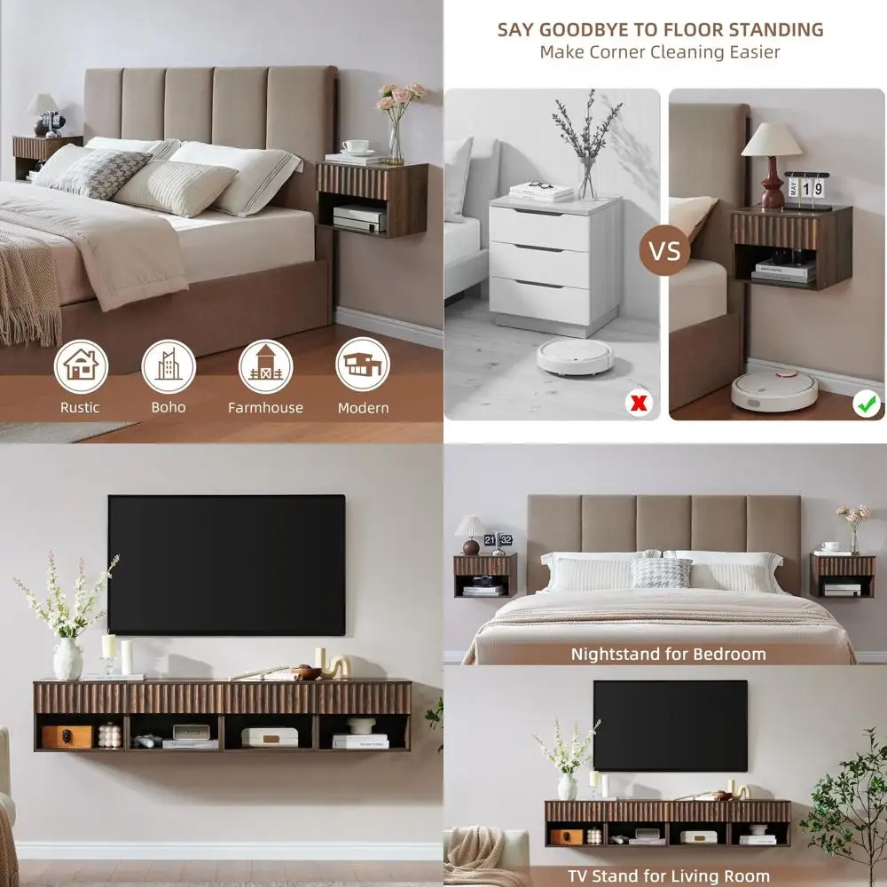 

Wall-Mounted Bed Table with Open Shelves, Compact Nightstand in Walnut Finish