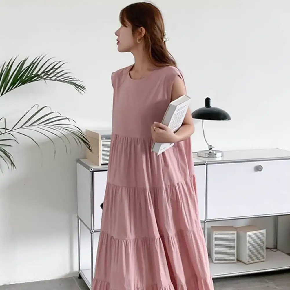 Sommer Chiffon Kleid für Frauen locker o Hals plissiert A-Linie großen Saum Kleid einfarbig ärmelloses mittel waden langes Dating-Kleid