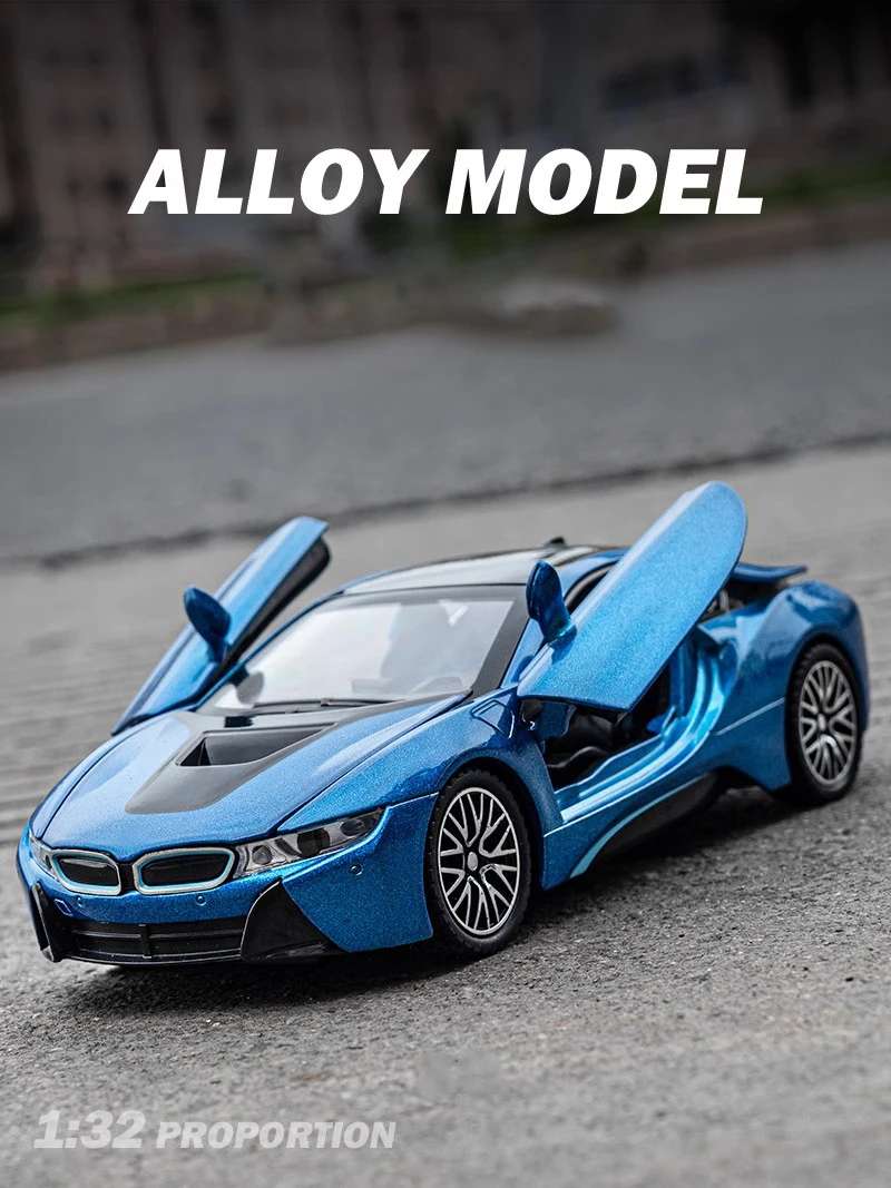 Miniatures 1:32 BMW I8 Super Sport Car High Simulation Diecast Alloy Model Car Sound & Light Pull Back Collection Kid Toy Gift