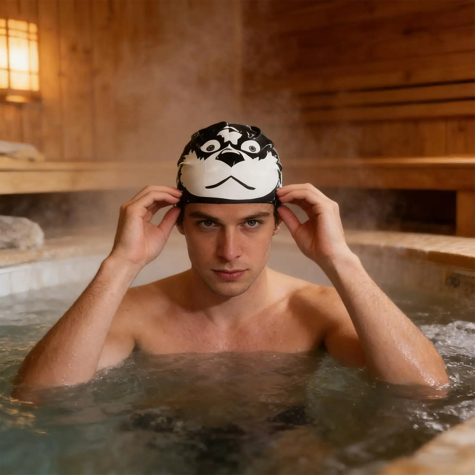 Swimming Hat For Men Silicone Dog Print Headgear Comfortable Waterproof Swim Hat For Adult Teen Male Dad Boyfriend Short Medium