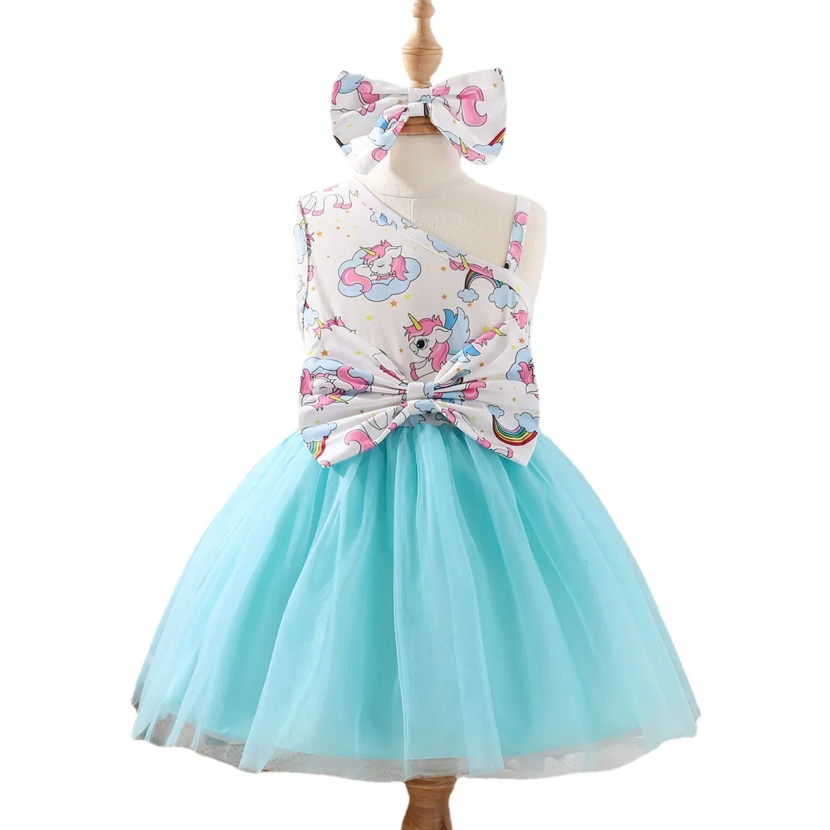 Summer Cute Korean Version Girls Princess Dress Kids Skew Shoulder Cartoon Strap Unicorn Printed Spliced Yarn Dress Stage Dress