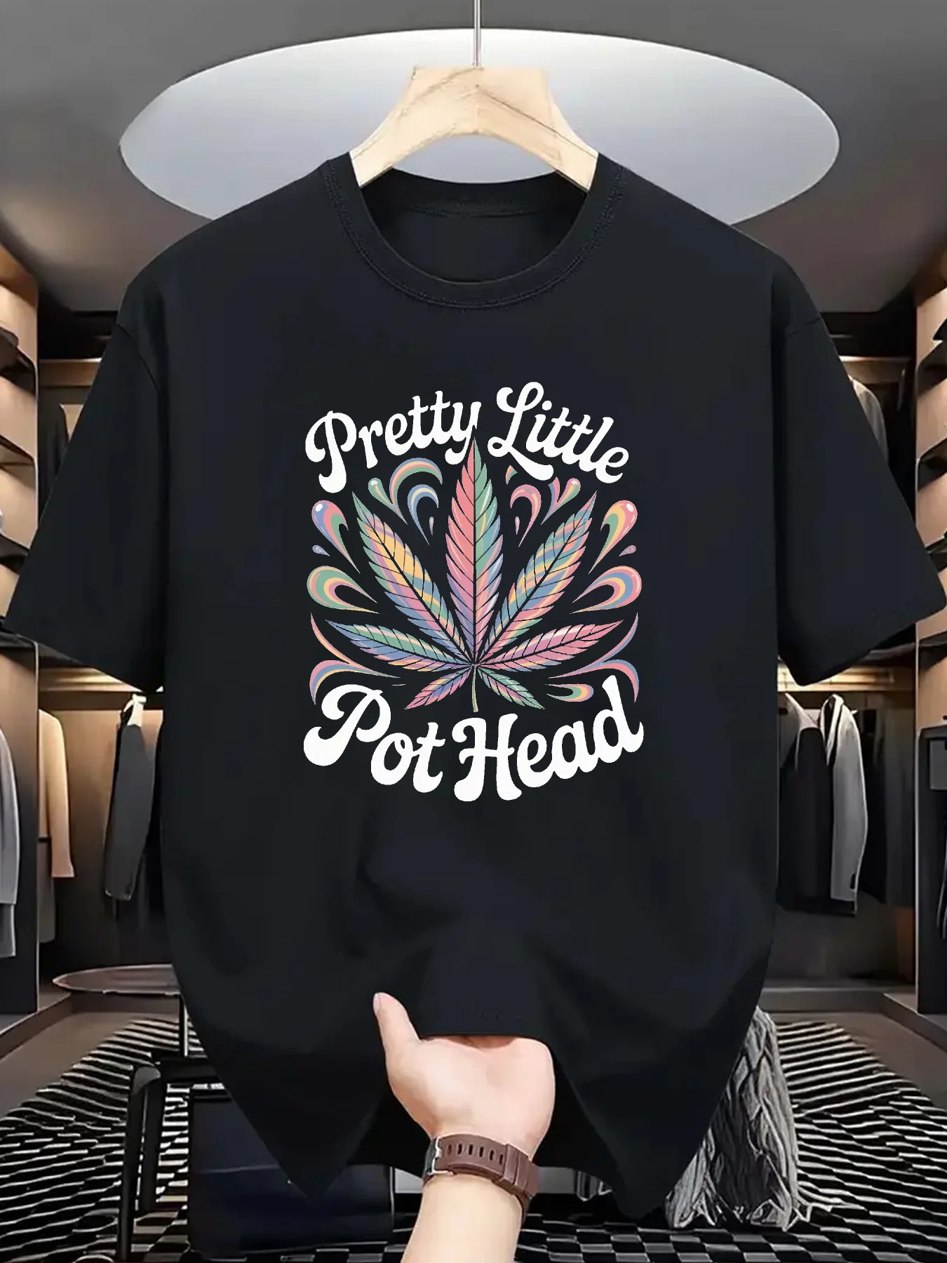 เสื้อยืดลายกราฟิกสีดำสำหรับผู้ชาย ลายใบไม้ น้ำหนักเบา เสื้อยืดฤดูร้อนสำหรับใส่ลำลอง แฟชั่นเสื้อยืดพิมพ์ลายกราฟิก