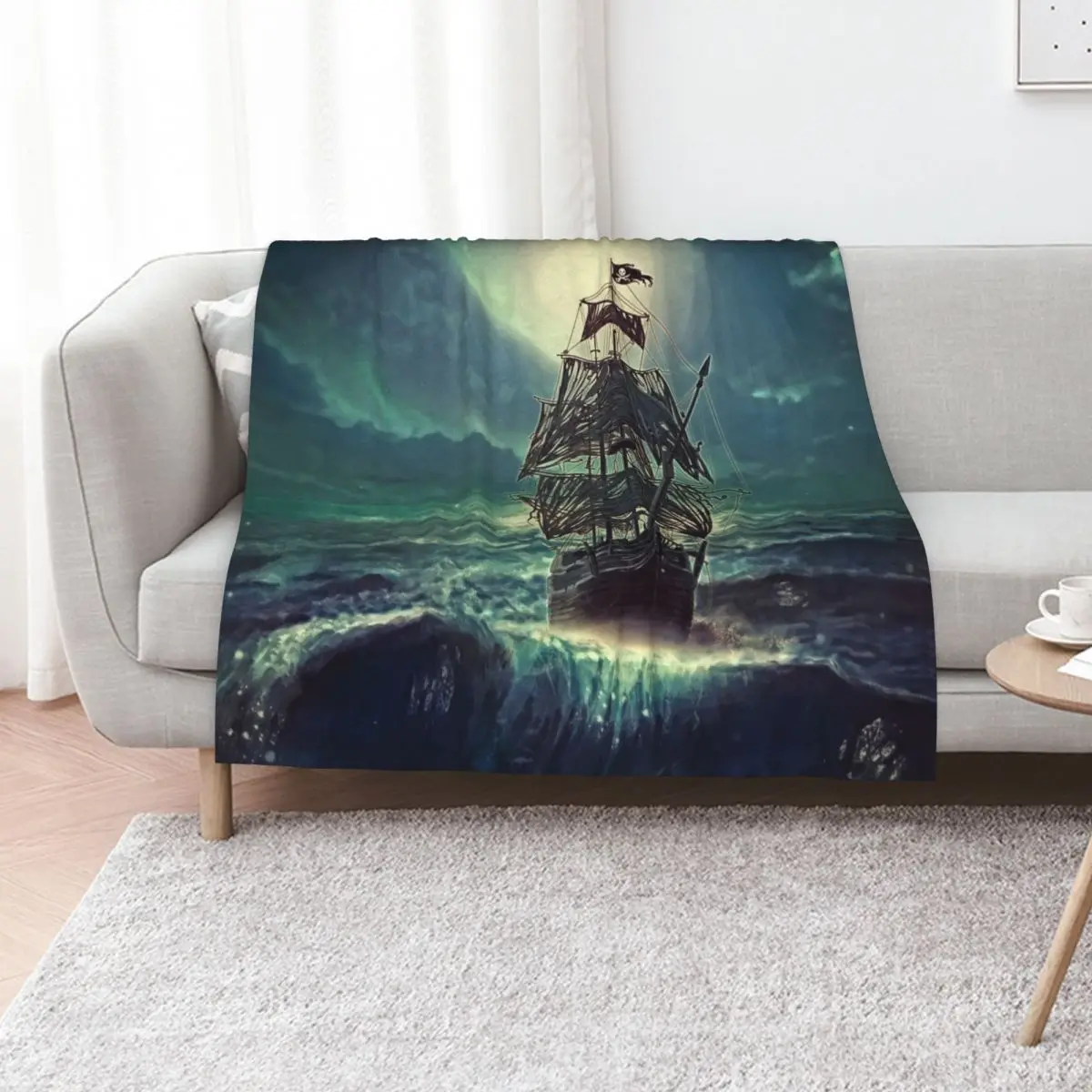 Manta suave de lana sherpa con diseño de barco pirata fantasma por la noche, manta cálida para el invierno