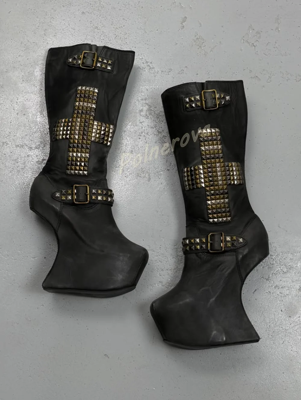 Cross Rivet Strange Style Heels Boots Women Gothic Knee High Wedge Studded Buckle Strap Boots Platform Punk Rock Winter Boots