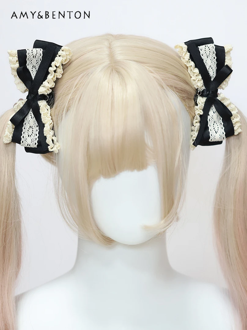 

Lolita Bow Girl Hair Accessories Lace Stitching Love Pendant Accesorios Para El Cabello Japanese Sweet Cute Hair Clips for Women