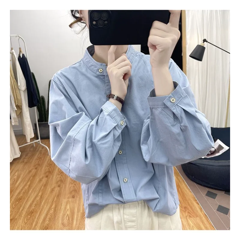 الخريف القطن الخالص فانوس كم طويل الأكمام قميص المرأة الوقوف طوق أعلى 2025 جديد ريترو قميص فضفاض #3