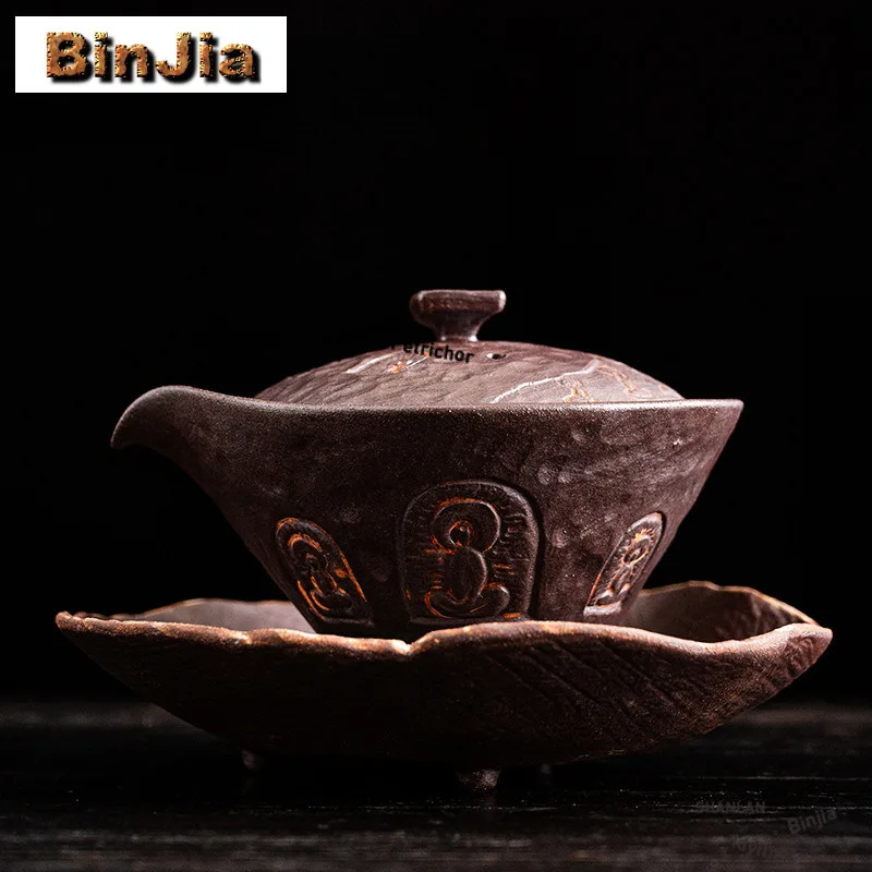 Relief Powder Yin Buddha Coarse Pottery Gaiwan Creative Tea Tureen Tea Bowl with Lid Kit Tea Maker Cover Bowl Tea Ceremony Craft