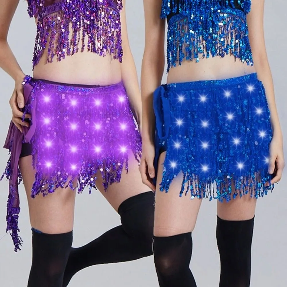 Belt Wrap Belly Dance Hip Scarf Shiny Star Fringe LED Sequin Tassel Skirts Lace-up Halloween Christmas
