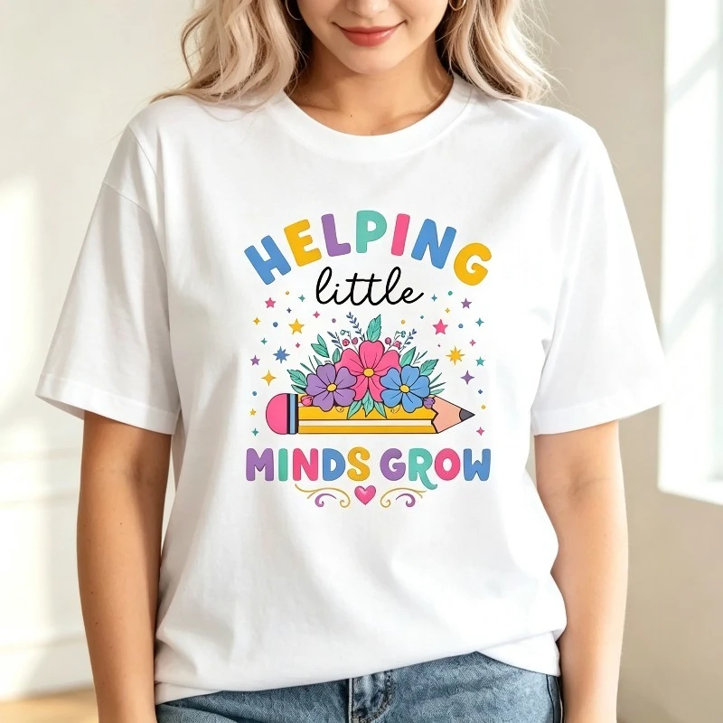 Helping Little Minds Grow Women T Shirt Teacher Print Modal Fabric Casual Short Sleeve Tee Tops Gift for Her