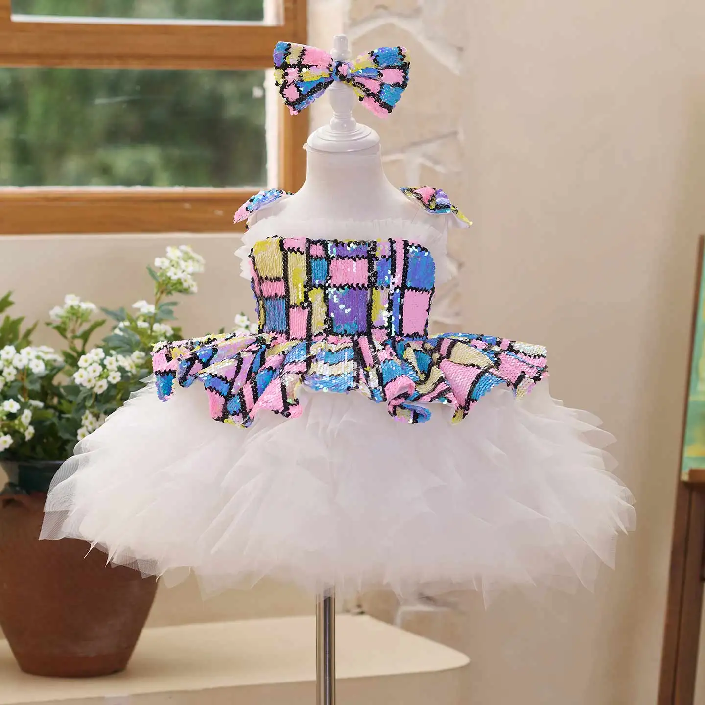 Jill Wish J522 Color Block Plaid Sequin Girls Pageant Dress Spaghetti Strap Ruffled White Tulle Tutu Flower Girl Gown