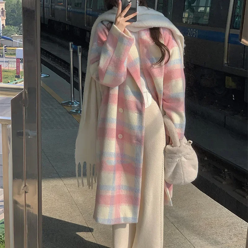 

2023 Winter Rainbow Woollen Coats Women Casual Warm Loose Plaid Long Coats Female Korean Fashion Office Lady Trench Jackets Y2k