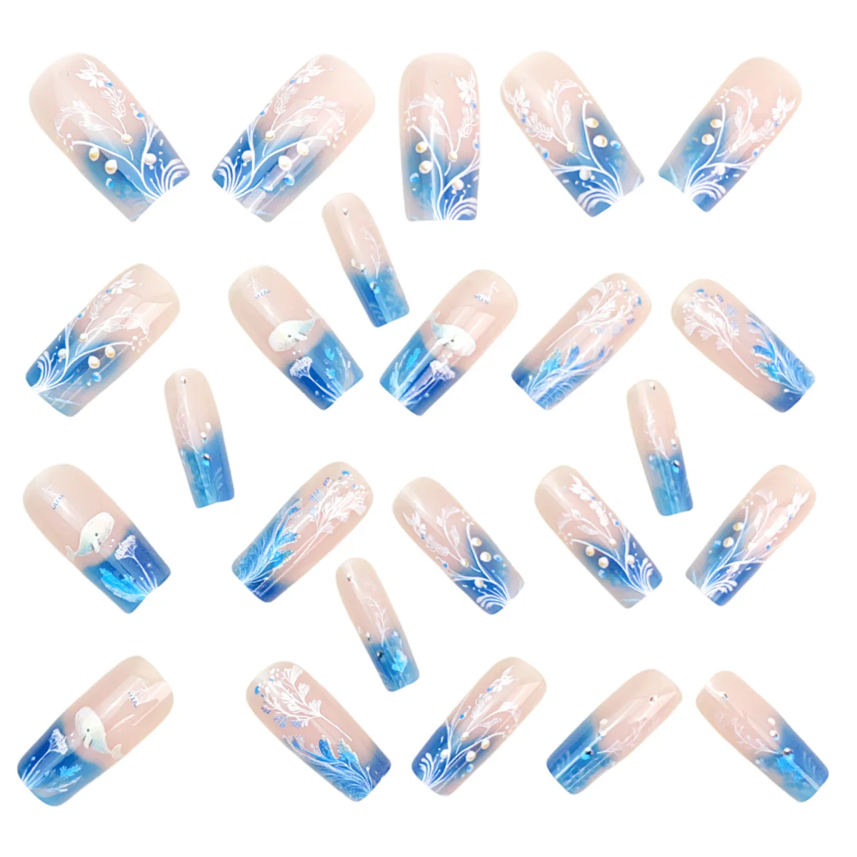 متوسطة طويلة الأظافر وهمية التدرج الأزرق اضغط على الأظافر المحيط الأسماك خطط المياه قنديل البحر الزهور اضغط على أظافر صناعية الفن ملصق 24 #5