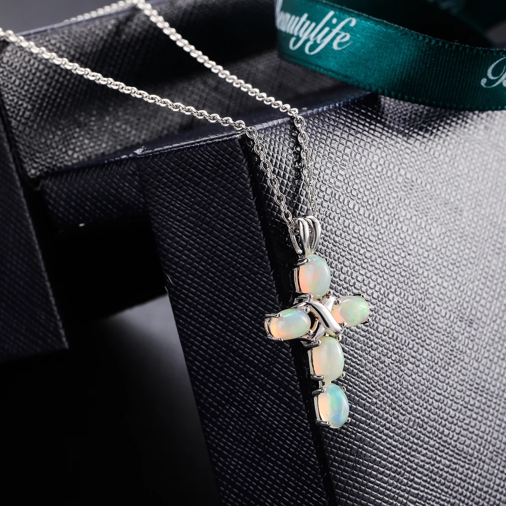 GZ ZONGFA Original 925 Sterling Silver Necklace for Women Oval Natural Opal 6*4mm Gem 1.5ct Cross Pendant Luxury Fine Jewelry