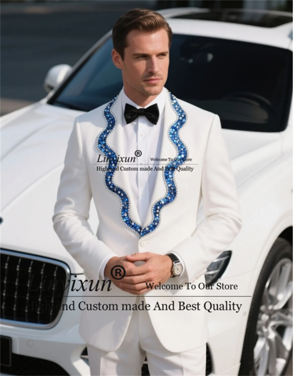 

Shiny Beaded Crystals Men Suit Customized Wedding Groom Tuxedos Shawl Lapel Male Prom Blazer 2 Piece Sets trajes para hombre