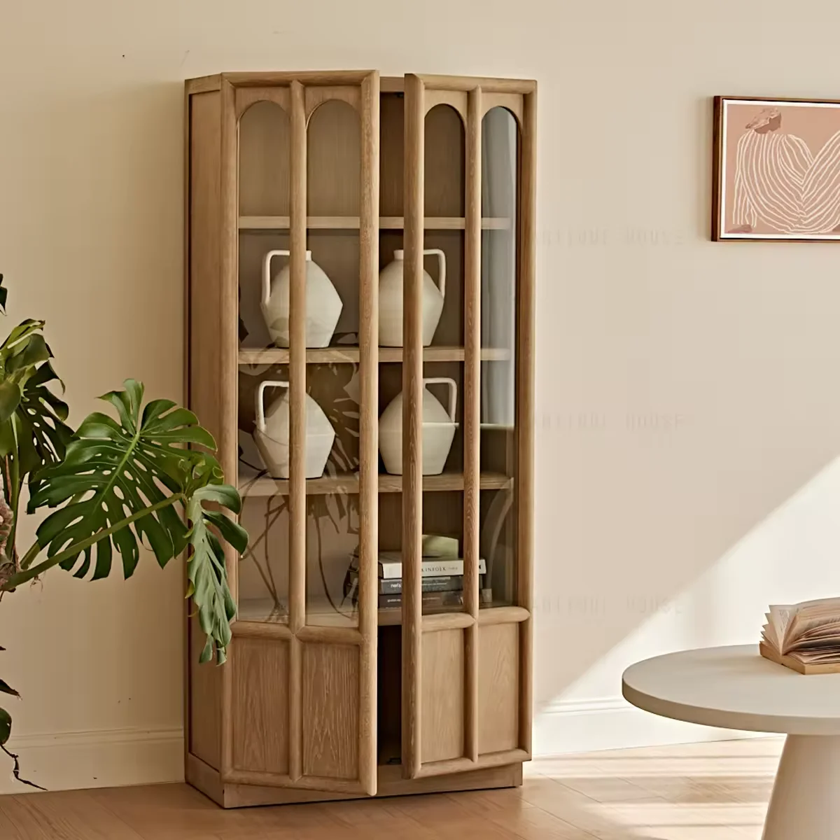 Modern Vintage Japanese Farmhouse Glass Display Cabinet Oak Wood Pine Home Living Room Dining Room Hotels Halls Furniture