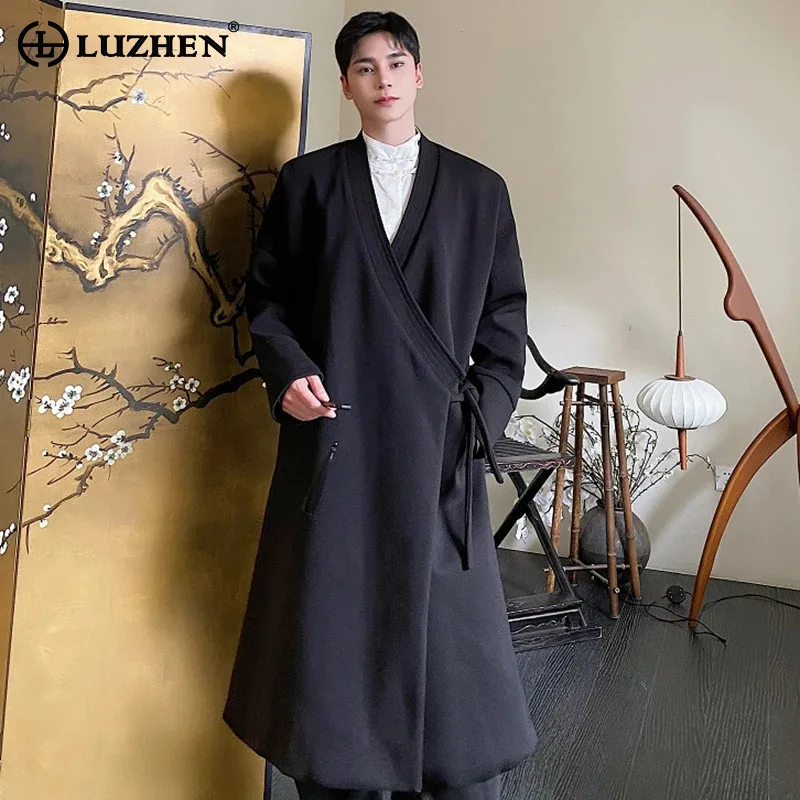 

LUZHEN Coat Men's Thicken Clothing Vintage Woolen Autumn Winter Lace Up Long Overcoat Trend Korean Style Male Windbreaker LZ5585