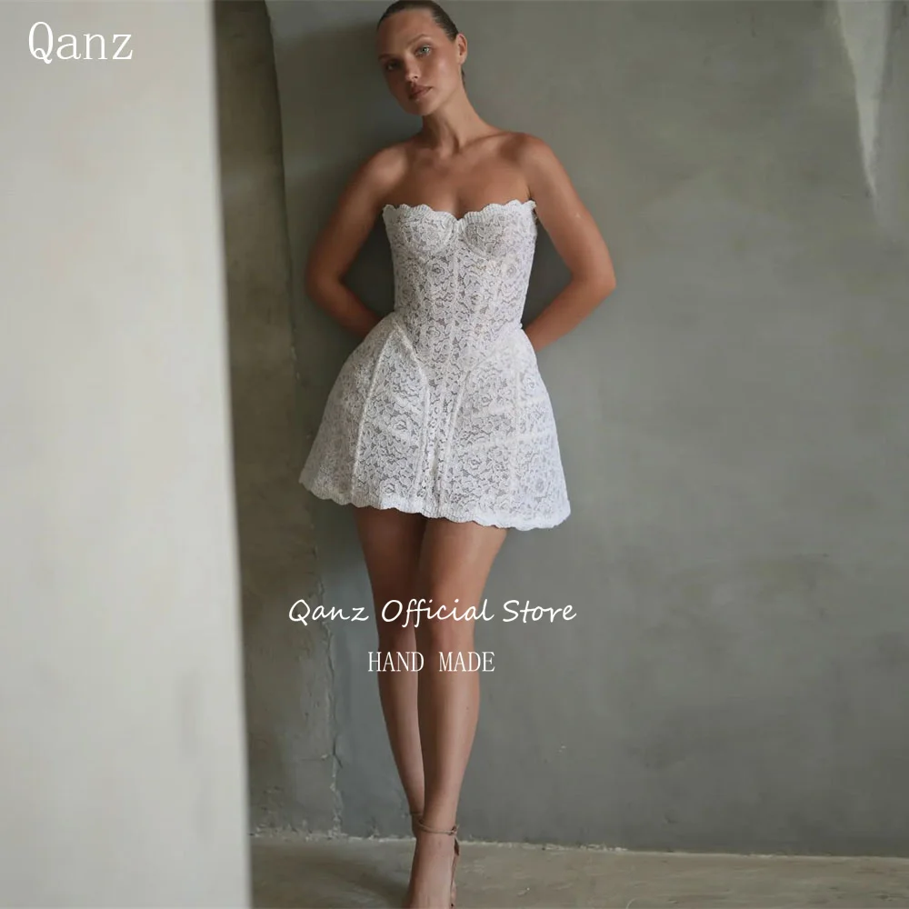 Qanz Beach Mini Wedding Dresses Women Full Lace Bones Sexy Backless Party Dresses Lace Up Back La Robe De Mariage Customized