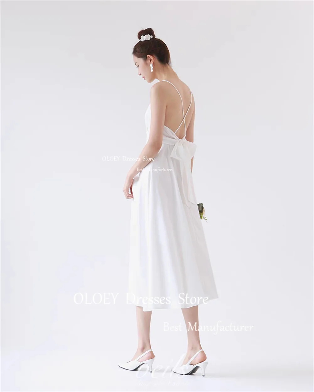 OLOEY Elegant V Neck Pleats Satin Wedding Dress Mid-Calf Length Sleeveless Bridal Gown Backless Korea Photoshoot Custom Made