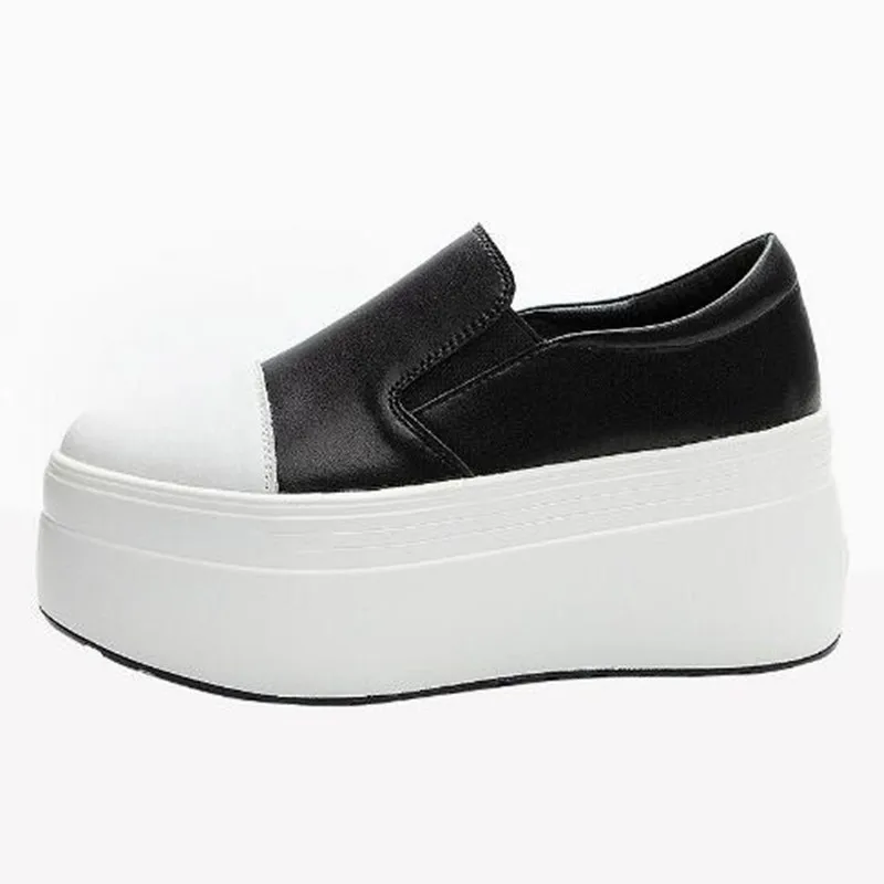 Luxury Women's Flats Spring Autumn Genuine Leather Shoes Woman Slip On Shoes Casual Thick Sole White/Black 8CM Platform Sneakers