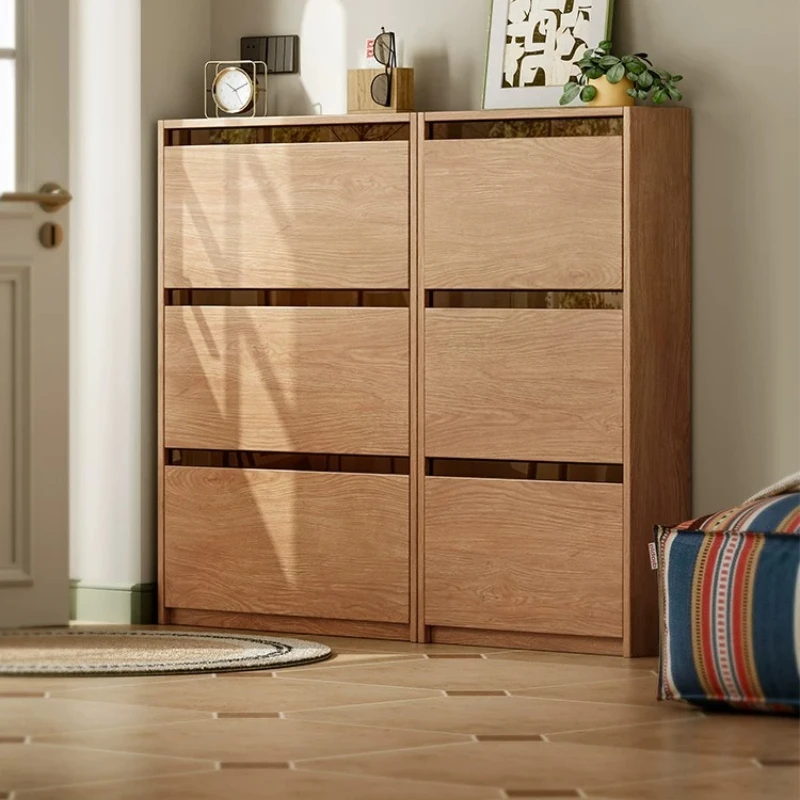 All solid wood home shoe cabinet integrated against the wall ultra-thin tipping bucket cabinet living room oak porch cabinet