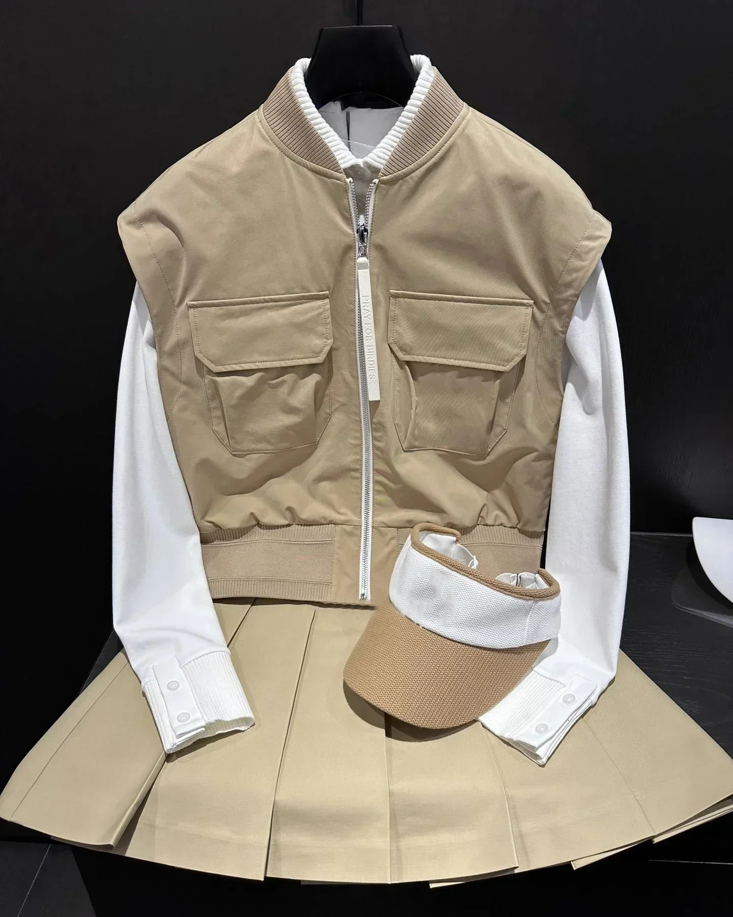 2024 golf dress spring and autumn standing collar pocket loose multi-function tank top and fashion skirt
