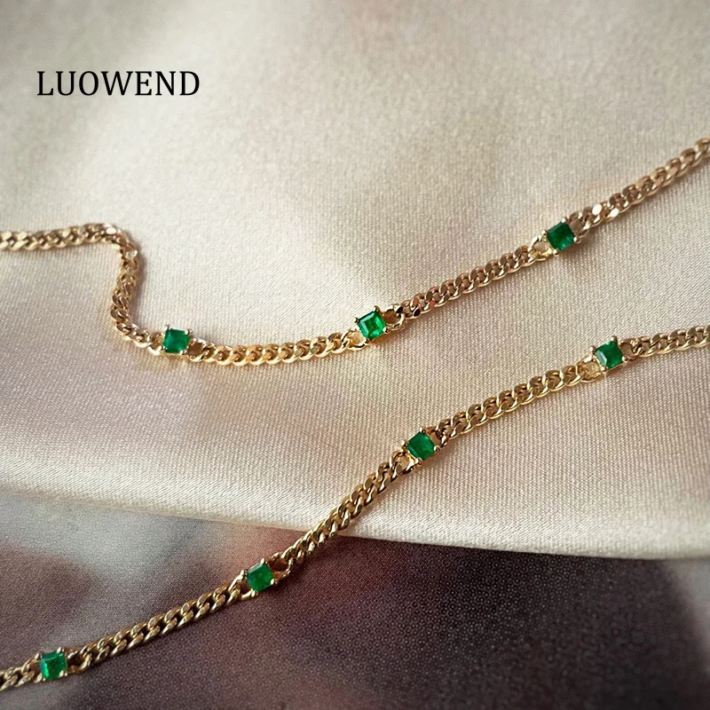 

LUOWEND 18K Yellow Gold Bracelet Fashion INS Style Real Natural Emerald or Diamond Bracelet for Women High Birthday Gift