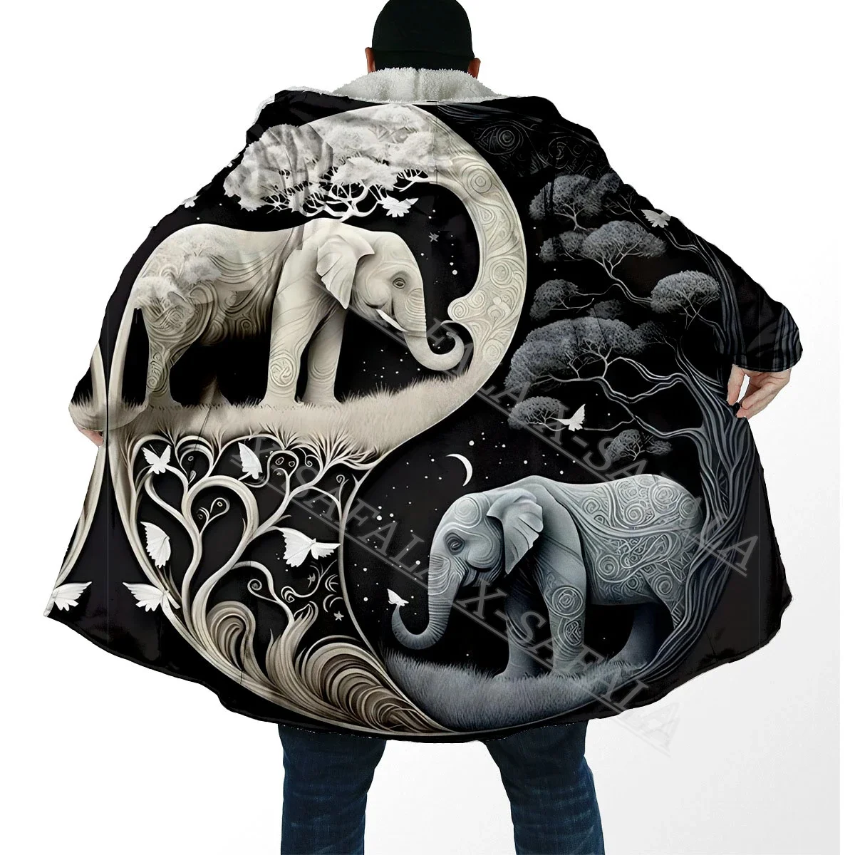 Elephant Tattoo Yin And Yang 3D PRINT Thick Warm Hooded Cloak Men Overcoat Coat Windproof Fleece Cape Robe Hooded Blanket-1