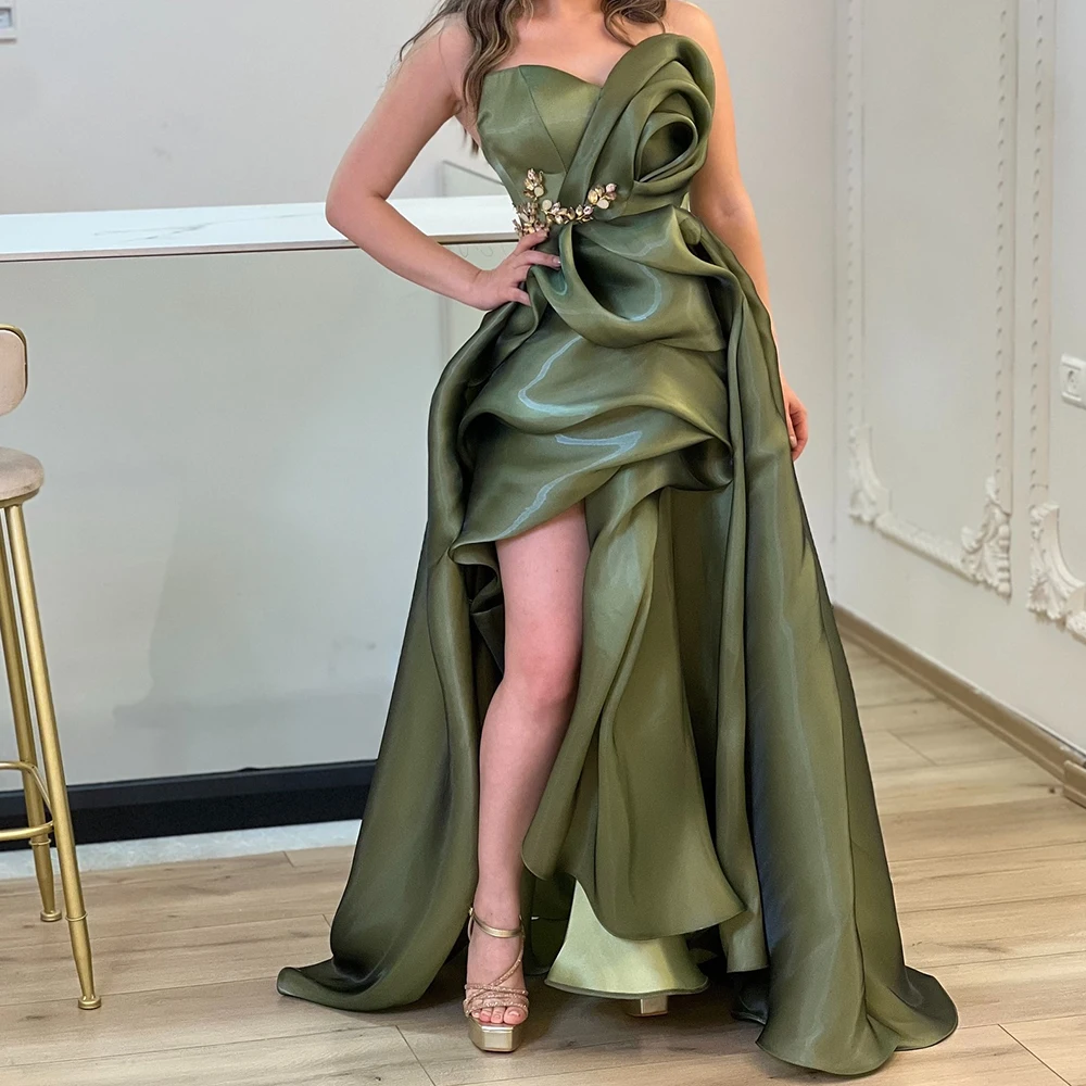 

High Quality Satin A-Line Crystal Evening Dress Side Slit Sweetheart Sleeveless Floor Length Panel Train Photo Color Fashion