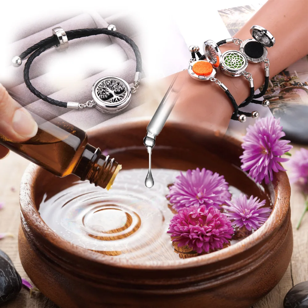 Perfume Essential Oil Diffuser Leather Bracelet Aromatherapy Locket Bracelet Stainless Steel Locket Black Leather Bracelet Gift