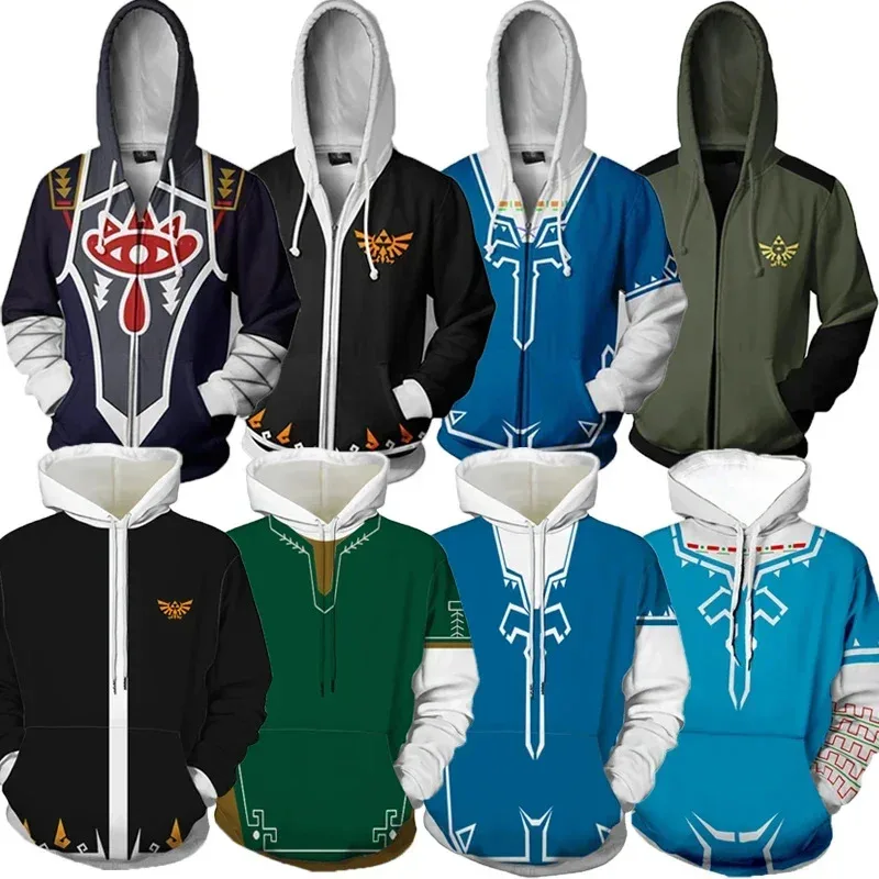 qq28Game Zelda 3D Dicetak Ritsleting Hoodie Kostum Cosplay Sweater Mantel Kasual Halloween Street Anime Jaket untuk Pria Wanita