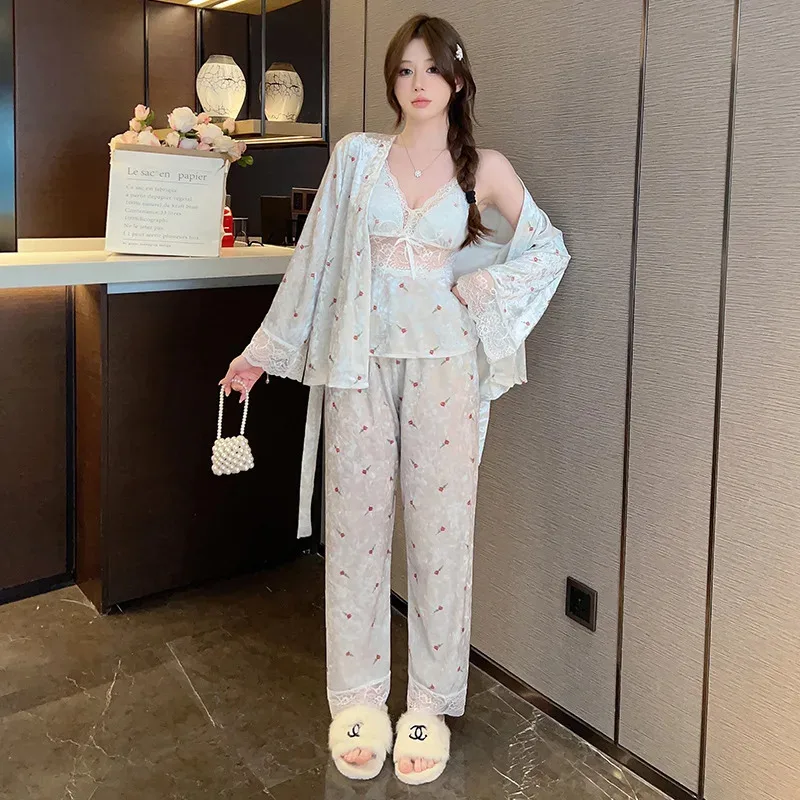 

Three Piece Women Pajama Set Spring Velour Lace Sleepwear Lingerie Lapel Long Sleeve Pijamas Suit Velvet Nightshirts Homeeear d'
