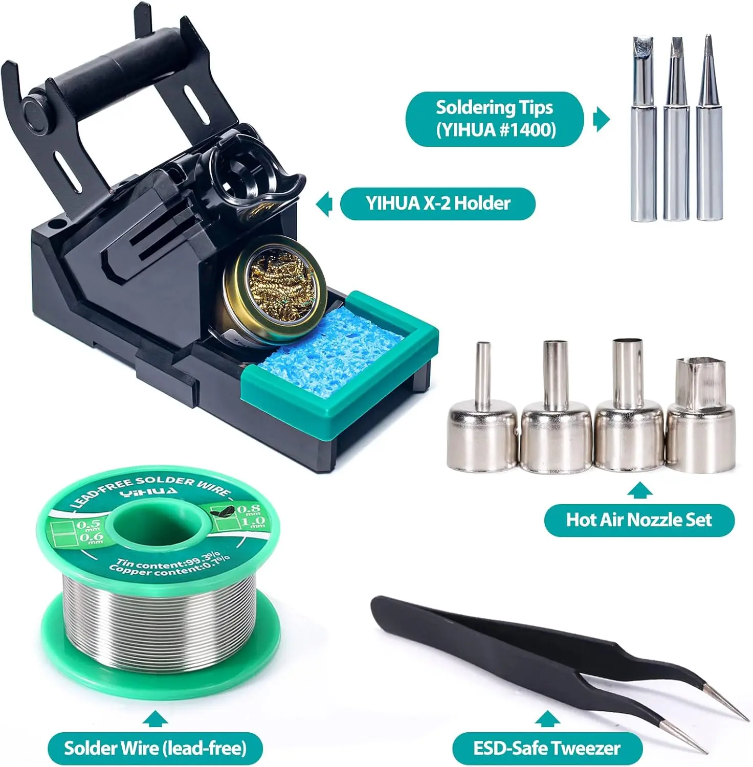Estação de ferro de solda 938BD+ II com ar quente, modo de suspensão, display de temperatura dupla, 3 pontas, suporte X-2