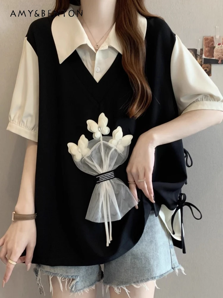 

2025 Spring Summer Plus Size Women's Clothing Fake Two-Piece Lace-Up Short Sleeve Shirt Loose Black Casual Style Top