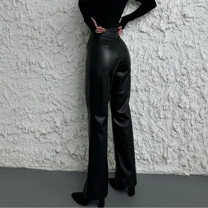 High-waisted Casual Straight-leg Pants Zippered Women's Wide-leg Leather Pants