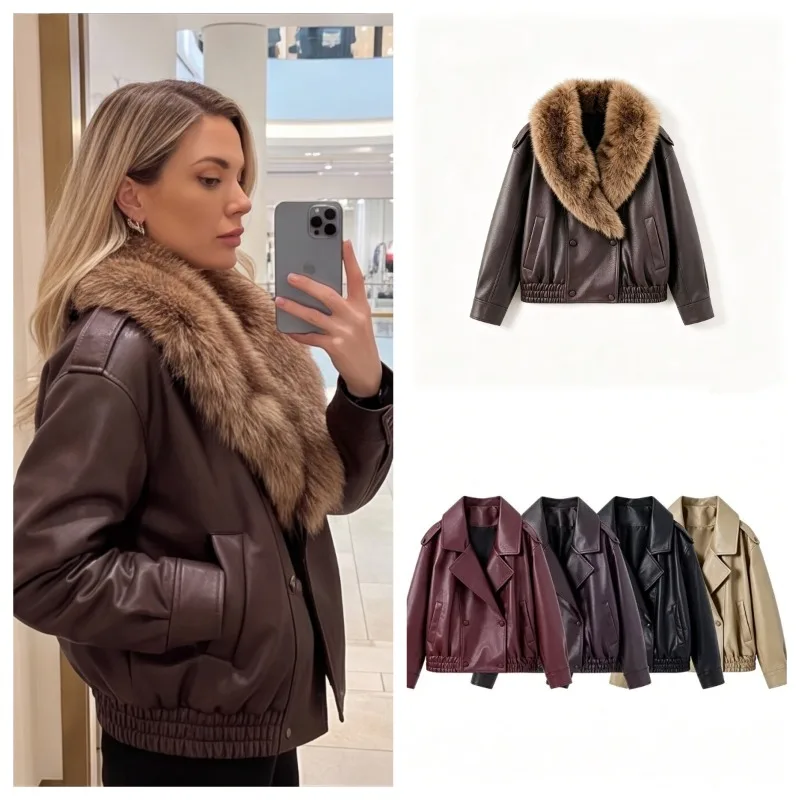 Women S 2026 Winter New European and American Street Fashion Detachable Fur Collar Faux Leather Jacket for Minimalist Outfit