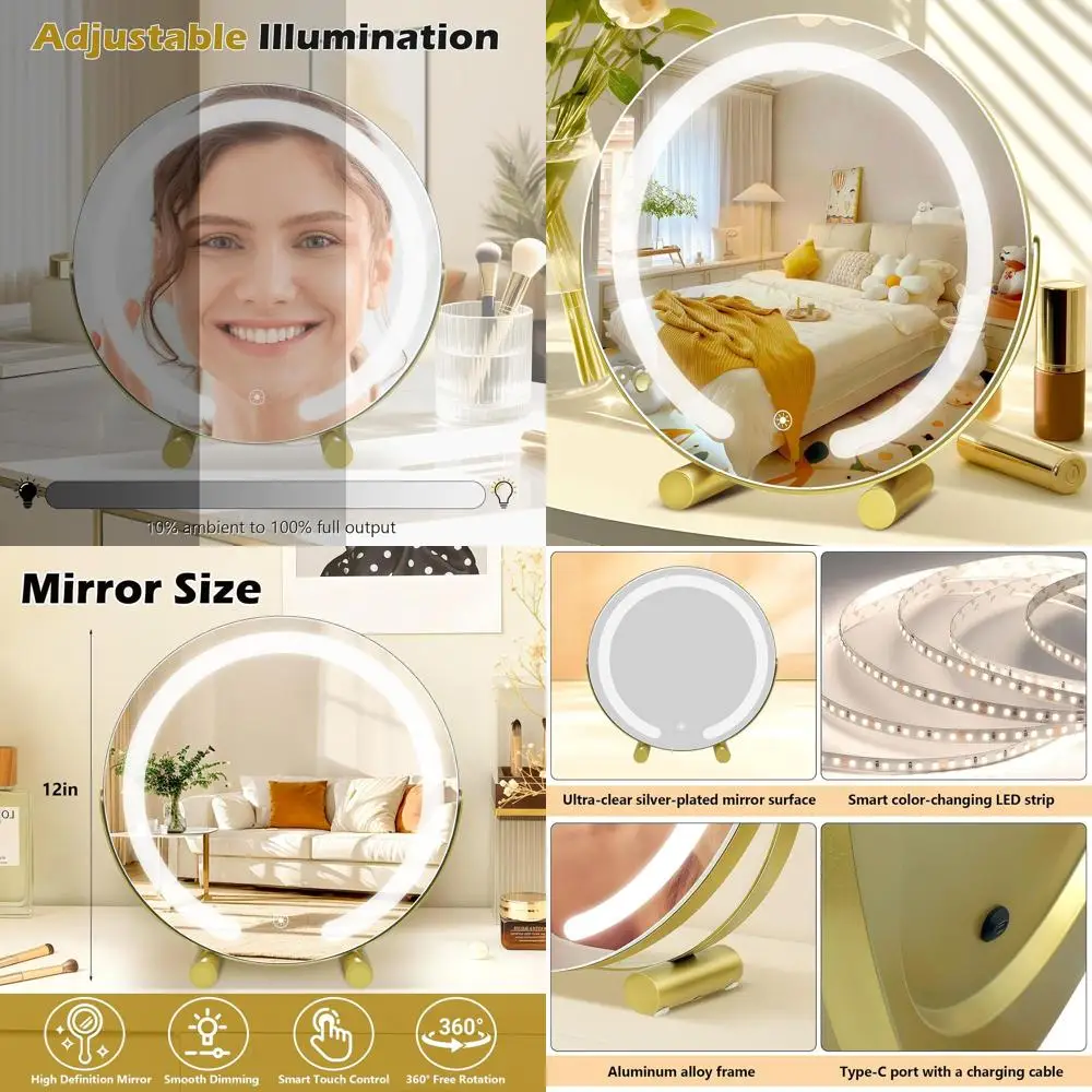 مرآة زينة LED عالية الدقة 12 مع إضاءة ذكية تعمل باللمس بثلاثة ألوان، قابلة للتعتيم، 360 درجة ° دوران للمكياج وغرفة النوم (ذهبي) #1