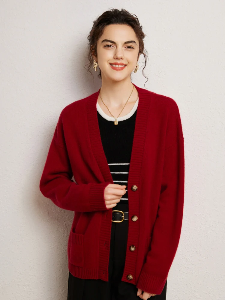 

Women's 100% Cashmere Sweater Coat V-neck Loose Cardigan Autumn Winter Casual Warm Long Sleeve Cashmere Knitwear Clothes Top