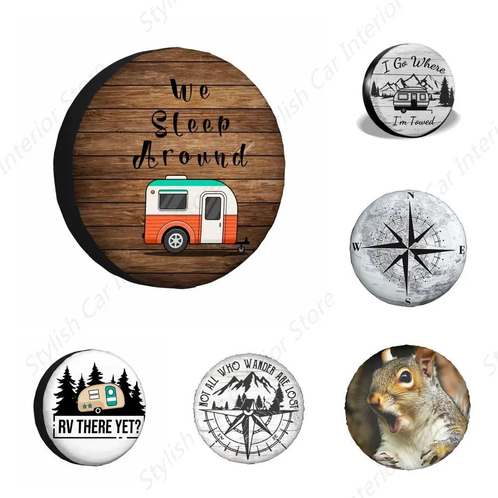 Happy Camper Spare Tire Cover Travel Party Freedom Life Green Weatherproof Universal Wheel Protectors compass Tire Cover